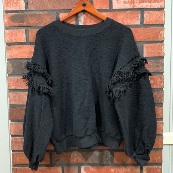 Ulla Johnson Black Textured Fringe Sleeve Sweater - Picture 3 of 9